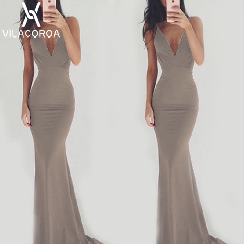 Spaghetti Strip Sleeveless Backless Party Dress Women V-neck Fishtail Maxi Dress