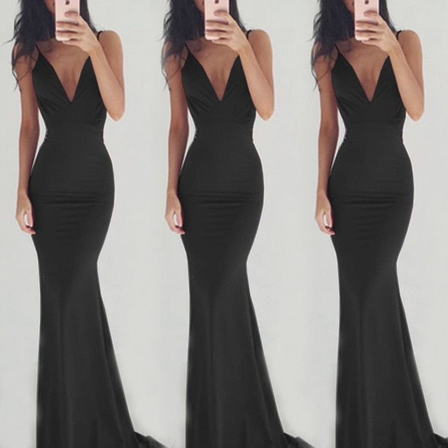 Spaghetti Strip Sleeveless Backless Party Dress Women V-neck Fishtail Maxi Dress