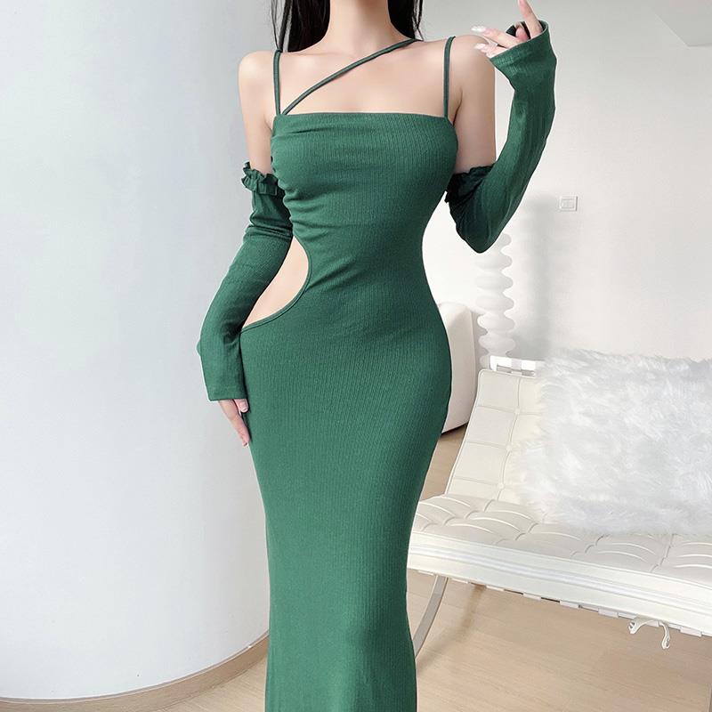 Sling Dress Autumn New Design Sense Hollow Out Waist Slim Green Bag Hip Skirt Dress