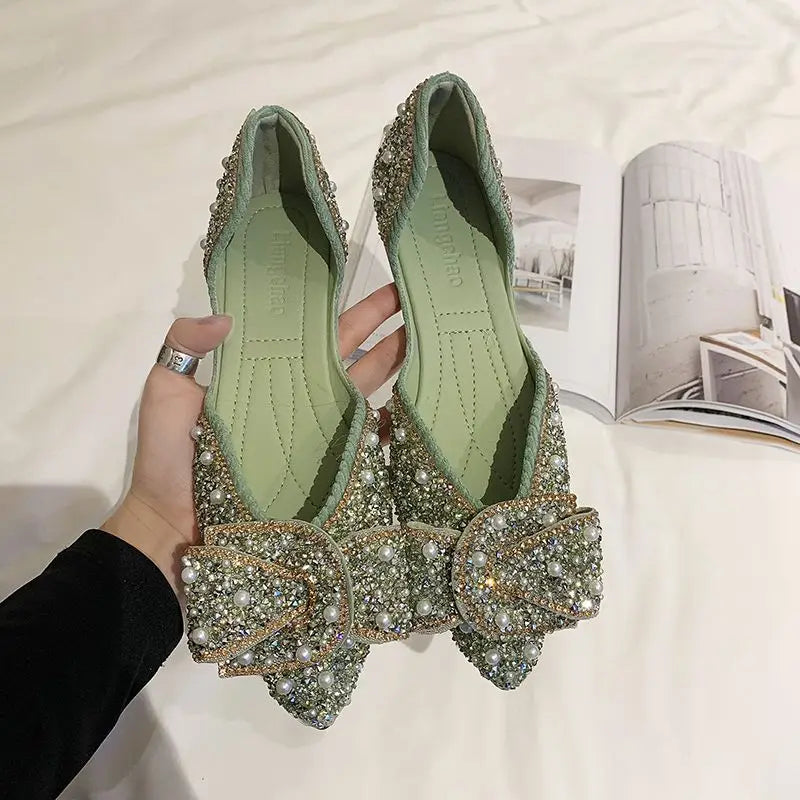 Flats Rhinestone Green Pointed Toe with Crystals Diamond Shoes for Woman 2023 Pearl Flat Women's Summer Footwear Spring E Shoe A