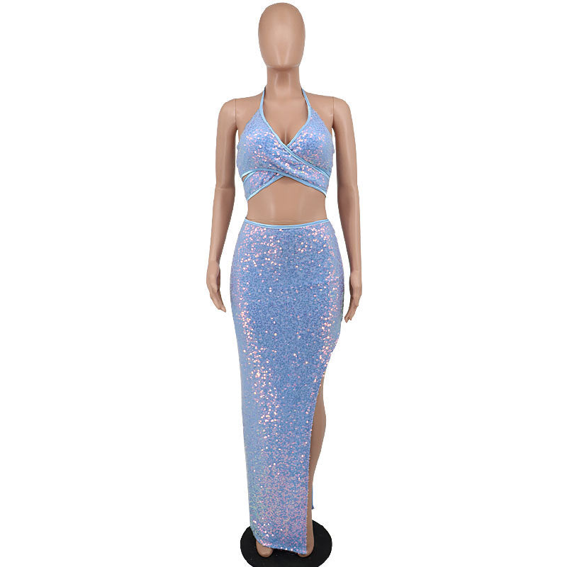 Women's Two-Piece Halter Slit Sequin Long Dress Sexy Pack Hip Party Dress