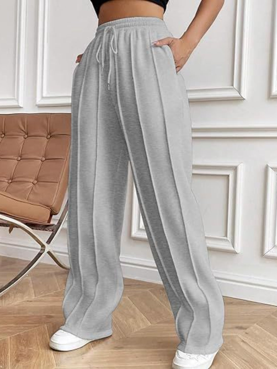 Drawstring Wide Leg Pants with Pockets