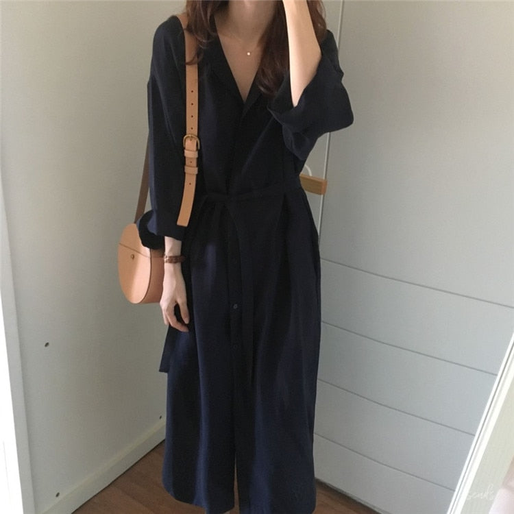 Korea chic Long Sleeve Shirt Dress  New Autumn Spring Casual Patchwork Dresses OL Turn Down Collar Buttons Loose Dresses