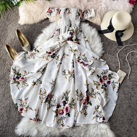 Bohemian Holiday Printed Floral Long Dress With Off The Shoulder Wrap Chest Irregular Split Dress