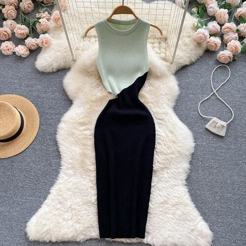 Sleeveless Hollow Knit Bodycon Wrap Dress French Fashion Party Elegant Vestidos Chic Summer Sexy Slim Vintage Women Dress  Ins