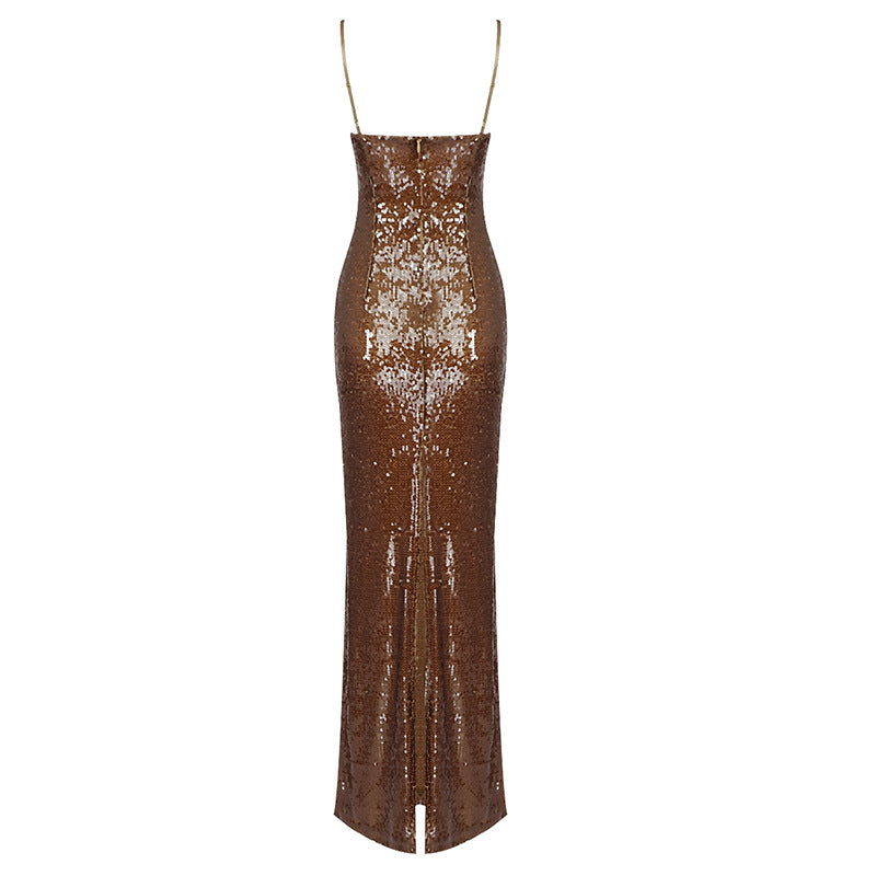 Women's Catwalk Party Off-The-Shoulder Brown Sequined Slit Long Skirt Suspender Dress