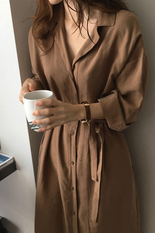 Korea chic Long Sleeve Shirt Dress  New Autumn Spring Casual Patchwork Dresses OL Turn Down Collar Buttons Loose Dresses