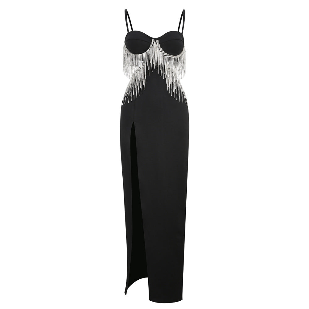 High-End Diamond Tassel Sexy Slit Suspender Dress Women's Dress