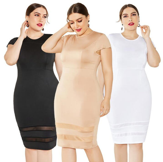 Sexy Plus Size Women's European And American Foreign Trade Fat Woman Dress Solid Color Mesh Stitching Dress