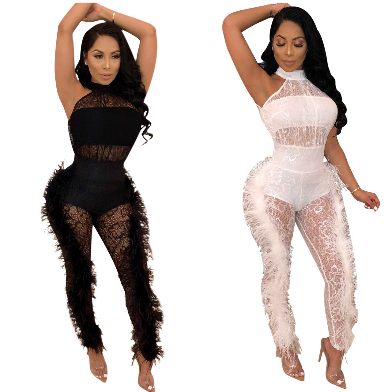 European And American Sexy Solid Color Feather Edge Jumpsuit