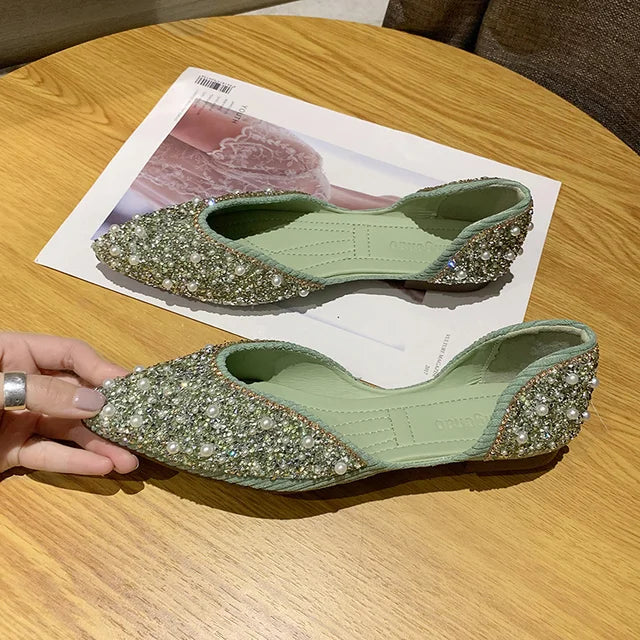 Flats Rhinestone Green Pointed Toe with Crystals Diamond Shoes for Woman 2023 Pearl Flat Women's Summer Footwear Spring E Shoe A