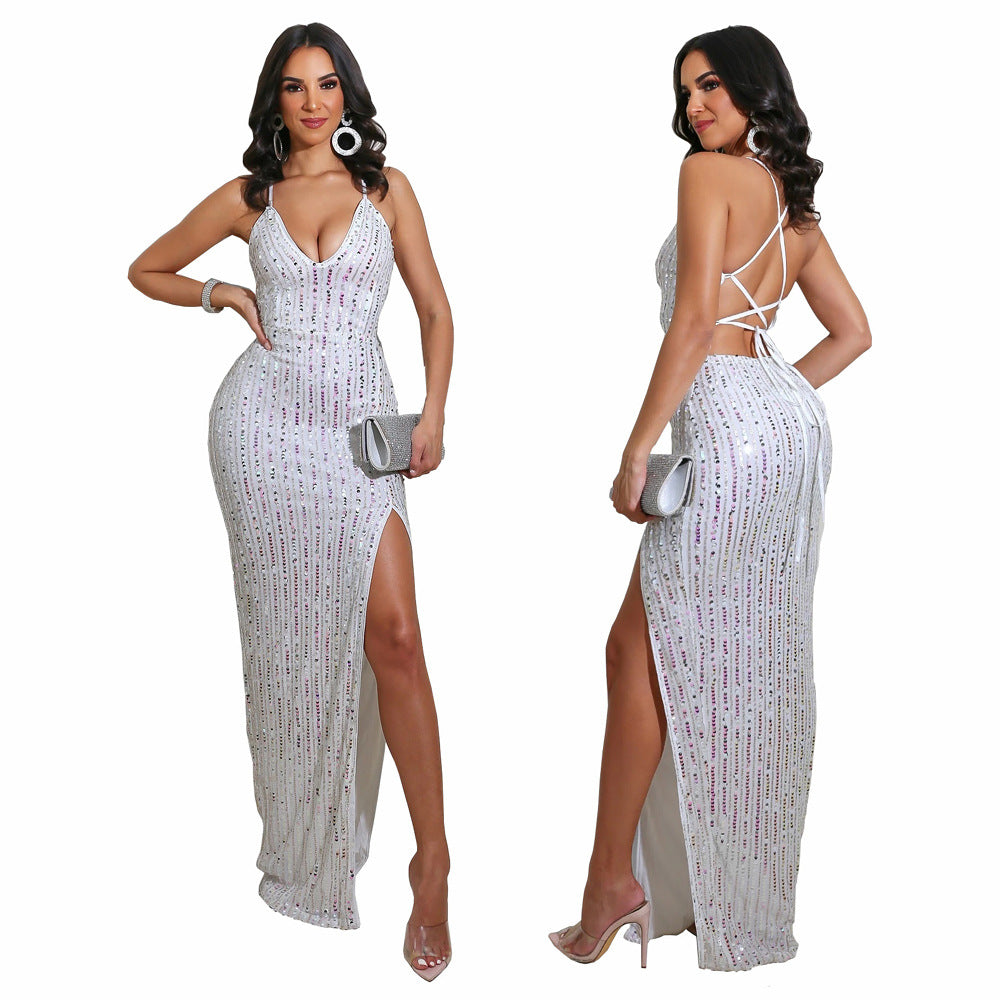 Sexy Backless Strap Slit Sequins Nightclub Party Dress