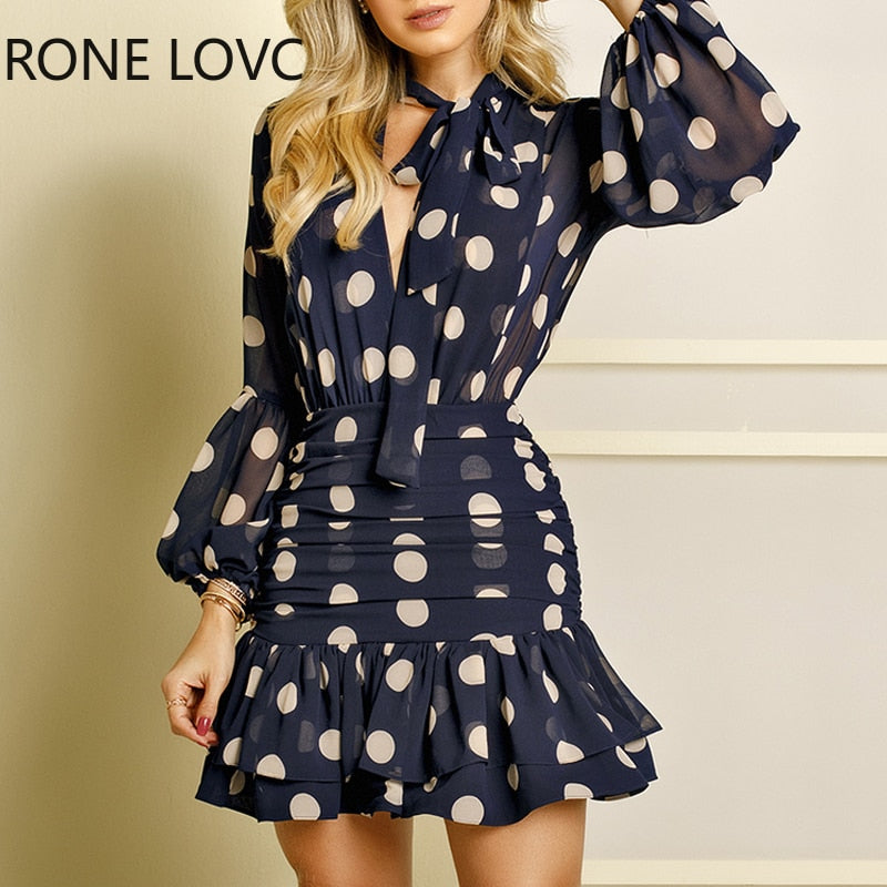 Women Long Sleeves Dot Print Ruffles Mesh Open Back Dress  Elegant Fashion Chic Dress