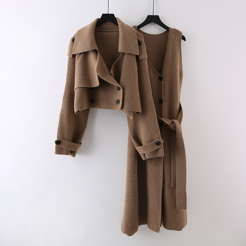 Fashion Knitted 2 Pieces Set For Women Lapel Single Breasted Long Sleeves Patchwork Coat Straight Belt Dresses