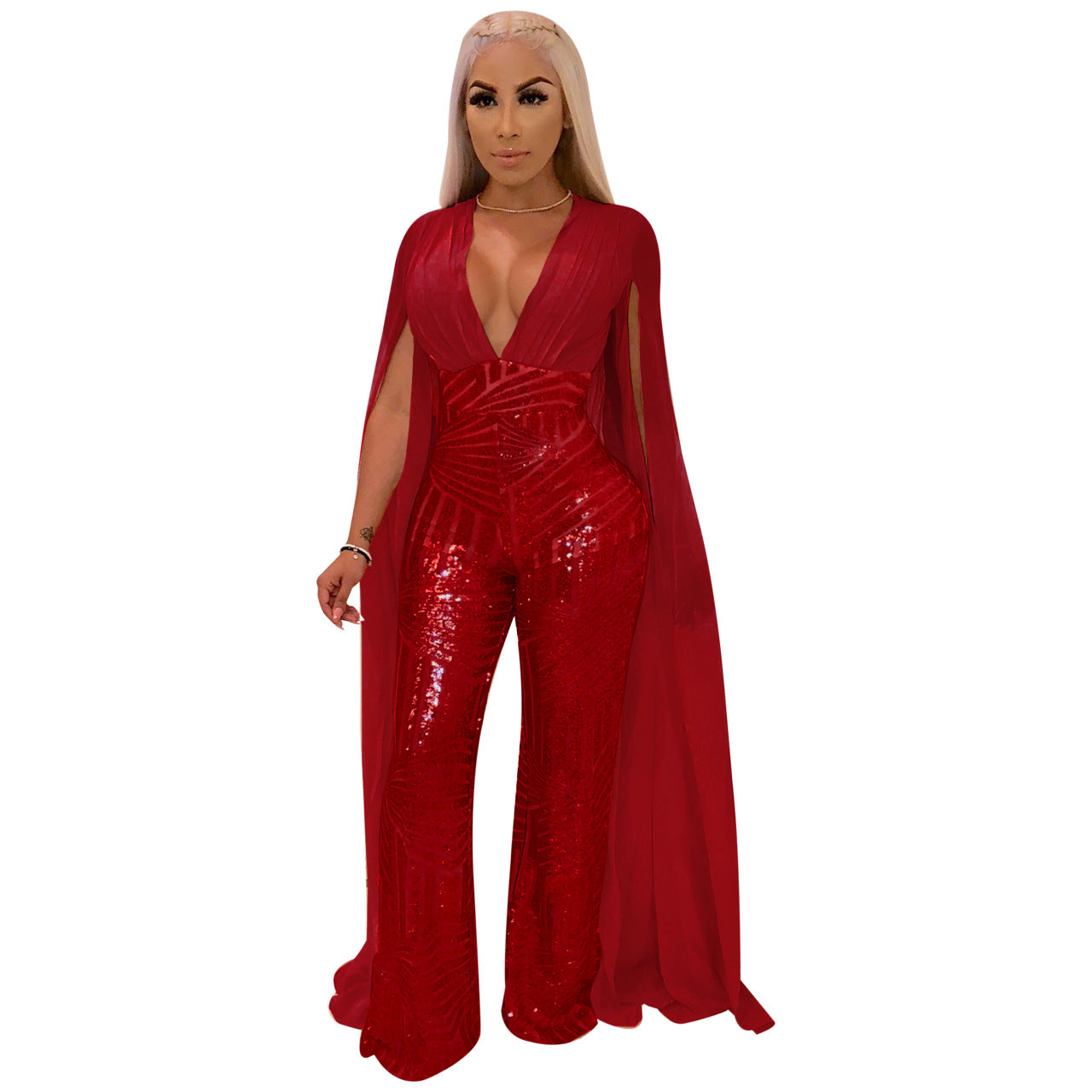 European And American Sexy Sequin Evening Dress Fashion Suit Long Solid Color Jumpsuit