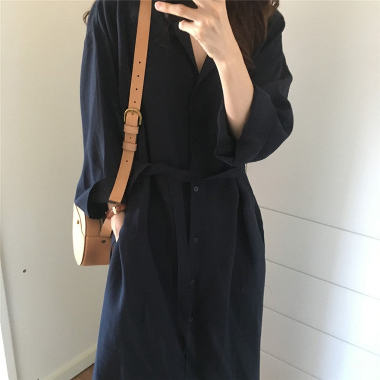 Korea chic Long Sleeve Shirt Dress  New Autumn Spring Casual Patchwork Dresses OL Turn Down Collar Buttons Loose Dresses