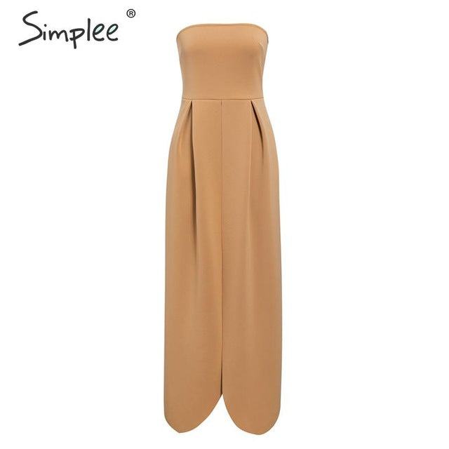 Simplee Elegant women evening party dress High waist strapless patchwork maxi dress Sexy ladies autumn solid chic bodycon dress