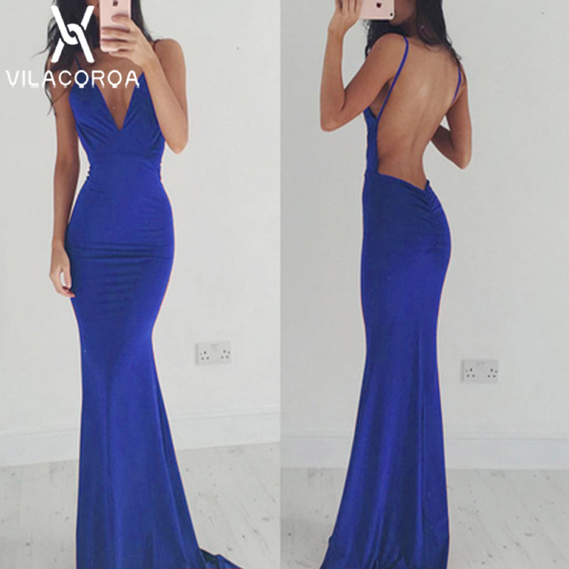 Spaghetti Strip Sleeveless Backless Party Dress Women V-neck Fishtail Maxi Dress