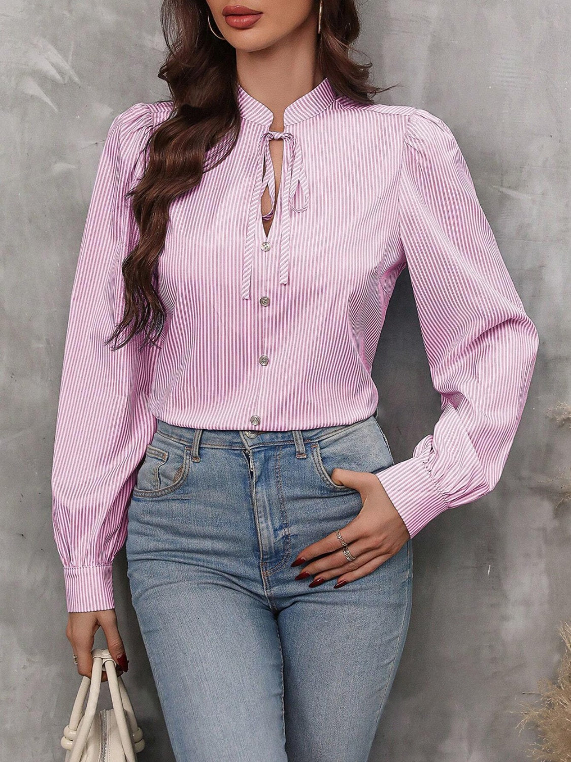 Striped Tie Neck Long Sleeve Blouse