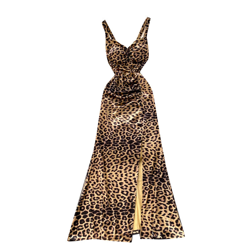 Dress Summer New Retro Leopard Print Sexy V-Neck Scheming Pleated Slim Long Slit Suspender Skirt