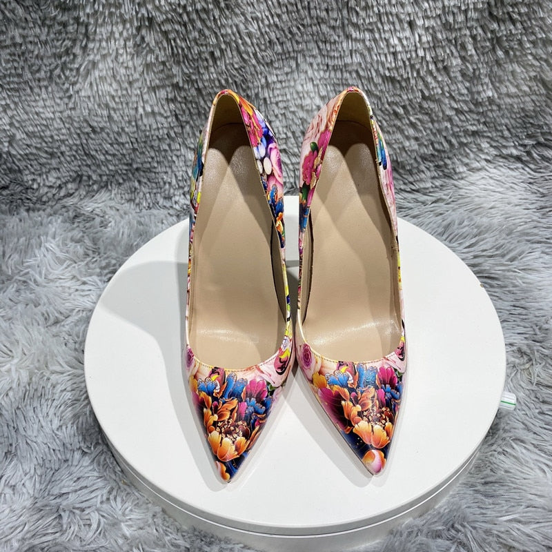 Floral Painting Print Women Pointy Toe High Heel Shoes Elegant Ladies Patent Slip On Stiletto Pumps 8cm 10cm 12cm