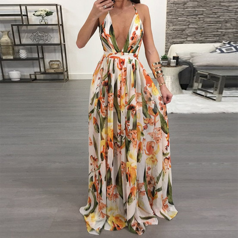 Women Dresses Summer Sexy Maxi Boho Style Print Party Dress Deep V Neck Backless Long Dress