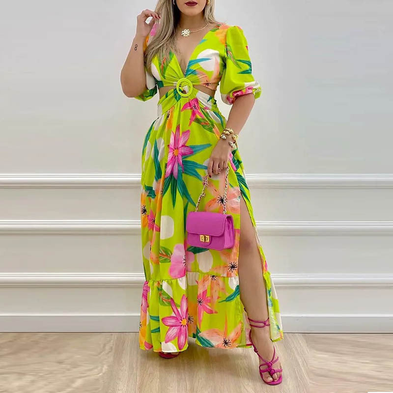 Commuter Women's Temperament Printed V-Neck Fashion Slit Long Dress