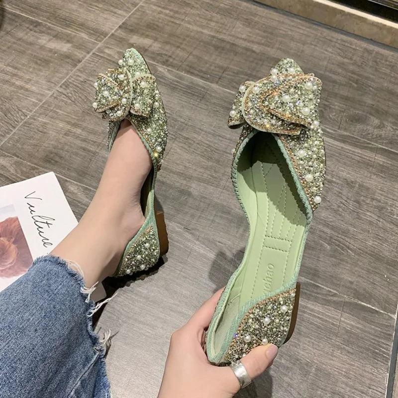 Flats Rhinestone Green Pointed Toe with Crystals Diamond Shoes for Woman 2023 Pearl Flat Women's Summer Footwear Spring E Shoe A