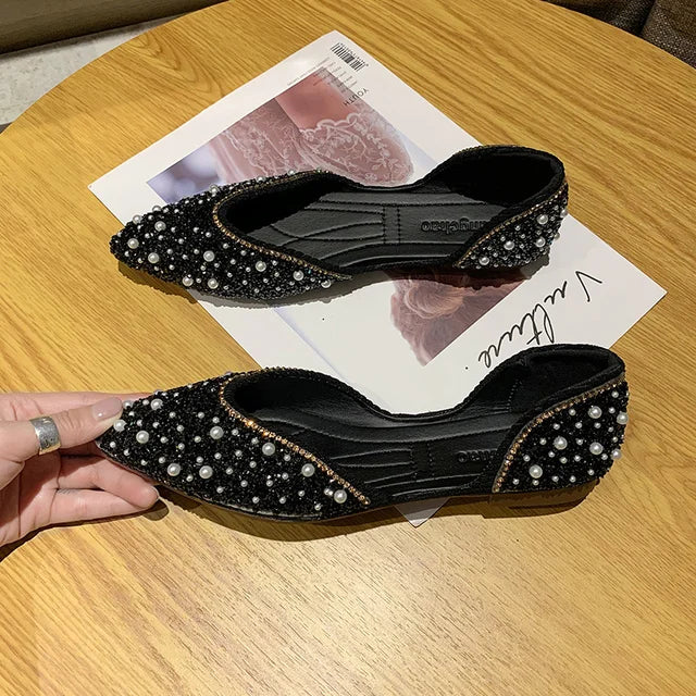 Flats Rhinestone Green Pointed Toe with Crystals Diamond Shoes for Woman 2023 Pearl Flat Women's Summer Footwear Spring E Shoe A