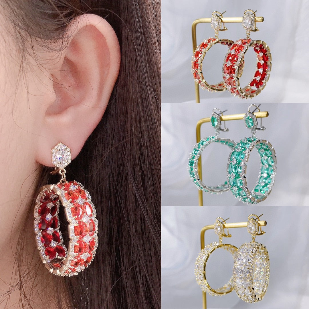 Fashionable and atmospheric colored zirconium geometric circular earrings with an elegant temperament