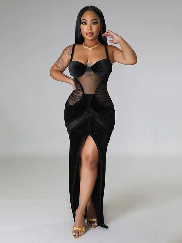 Sexy mesh perspective split velvet suspender strapless long dress, light luxury luxury, luxury, and high-end small dress