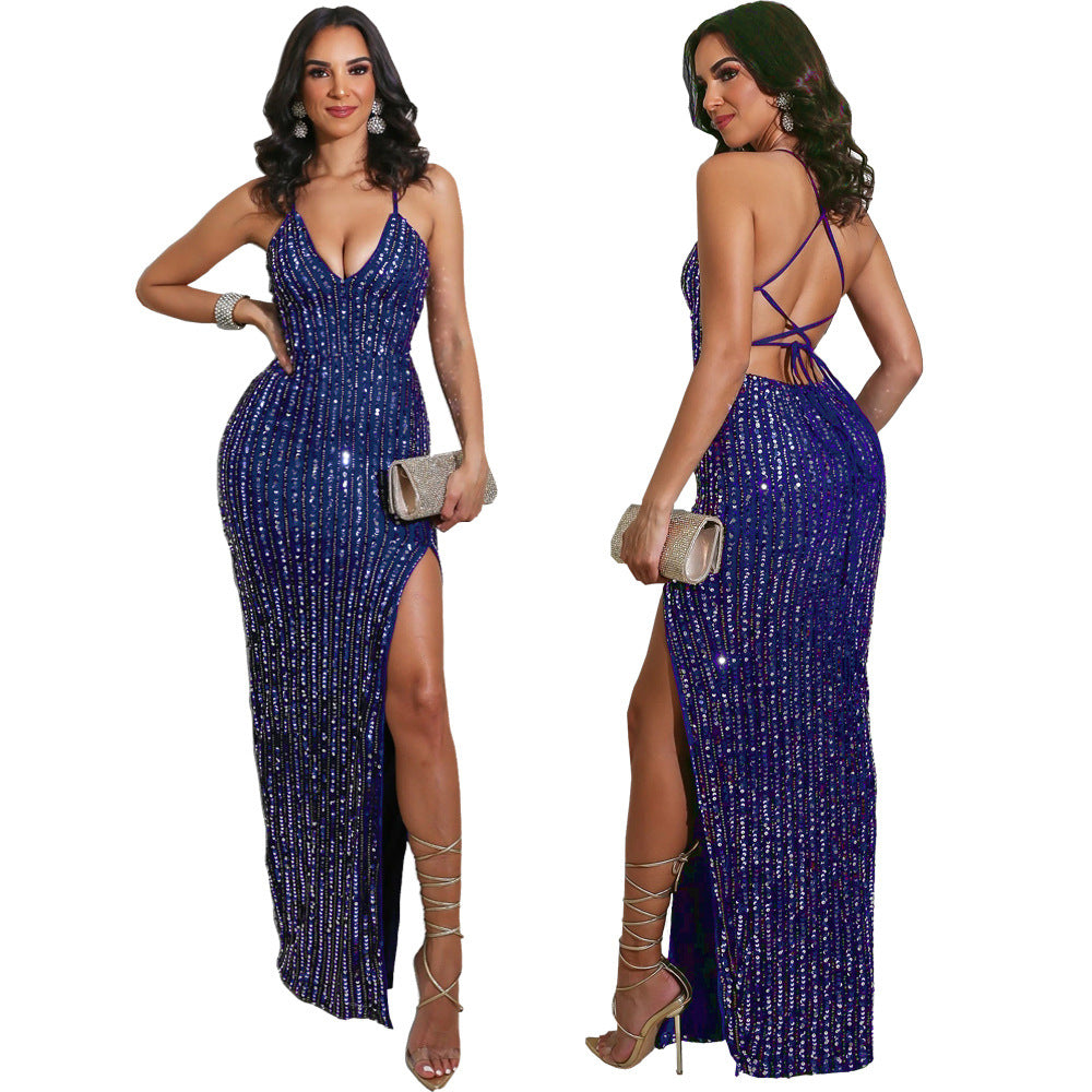 Sexy Backless Strap Slit Sequins Nightclub Party Dress