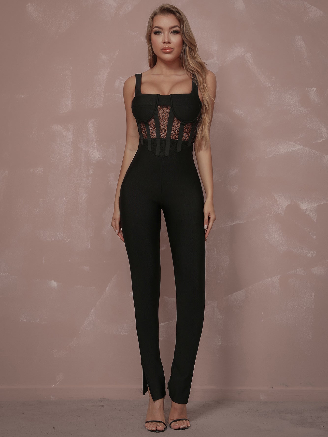 New Lace Sleeveless Fashion One-Piece Slim Fit Solid Color Stitching Long Sleeve Slim Fit Hollow Jumpsuit