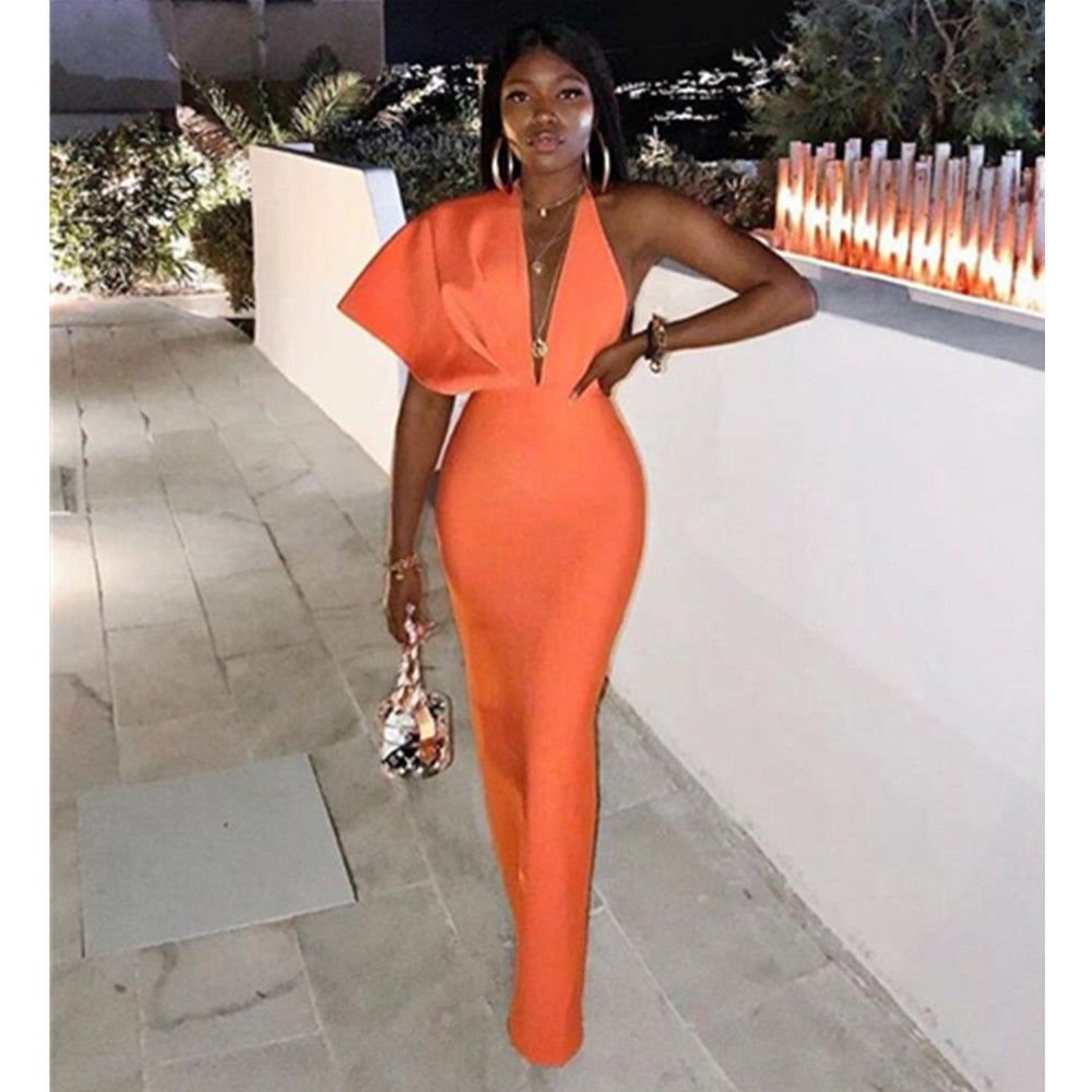 Women Luxury Sexy Short Sleeve V Neck Orange Maxi Long Bandage Dress 2023 Designer Fashion Evening Party Dress Club Vestido