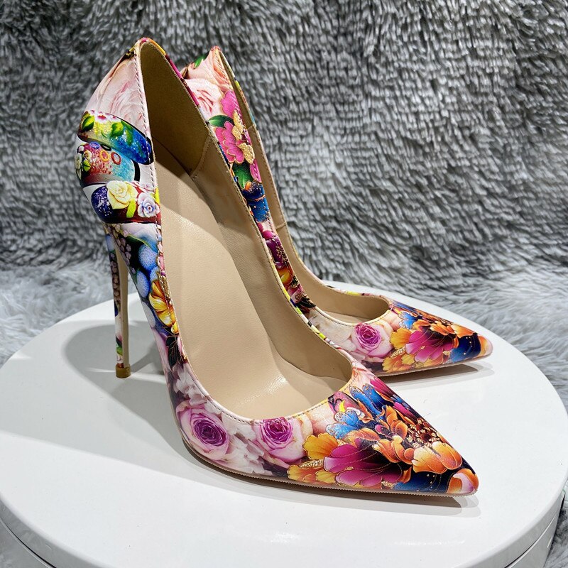 Floral Painting Print Women Pointy Toe High Heel Shoes Elegant Ladies Patent Slip On Stiletto Pumps 8cm 10cm 12cm