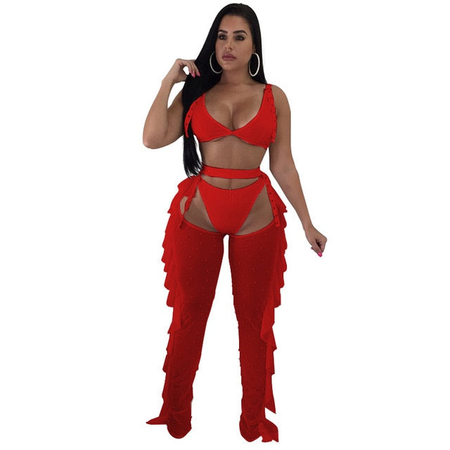 Sexy 3 Piece Set Bra Top Thongs Pearls Ruffle Sheer Mesh Pants Night Club Outfits Fashion Bikini Trousers Suit