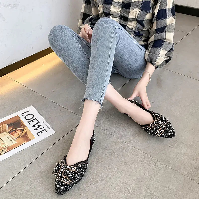 Flats Rhinestone Green Pointed Toe with Crystals Diamond Shoes for Woman 2023 Pearl Flat Women's Summer Footwear Spring E Shoe A