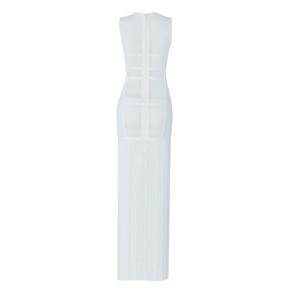 High Quality White Sleeveless Tassel Hollow Out Bodycon Rayon Bandage Dress Evening Party Sexy Dress