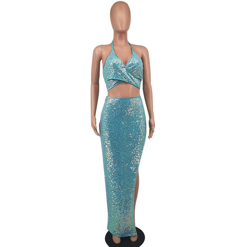 Women's Two-Piece Halter Slit Sequin Long Dress Sexy Pack Hip Party Dress