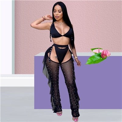 Sexy 3 Piece Set Bra Top Thongs Pearls Ruffle Sheer Mesh Pants Night Club Outfits Fashion Bikini Trousers Suit