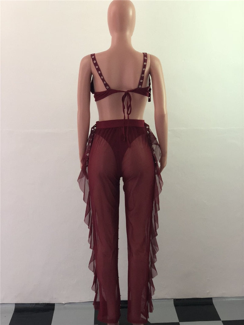 Sexy 3 Piece Set Bra Top Thongs Pearls Ruffle Sheer Mesh Pants Night Club Outfits Fashion Bikini Trousers Suit