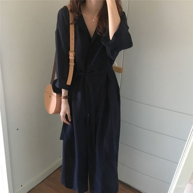 Korea chic Long Sleeve Shirt Dress  New Autumn Spring Casual Patchwork Dresses OL Turn Down Collar Buttons Loose Dresses