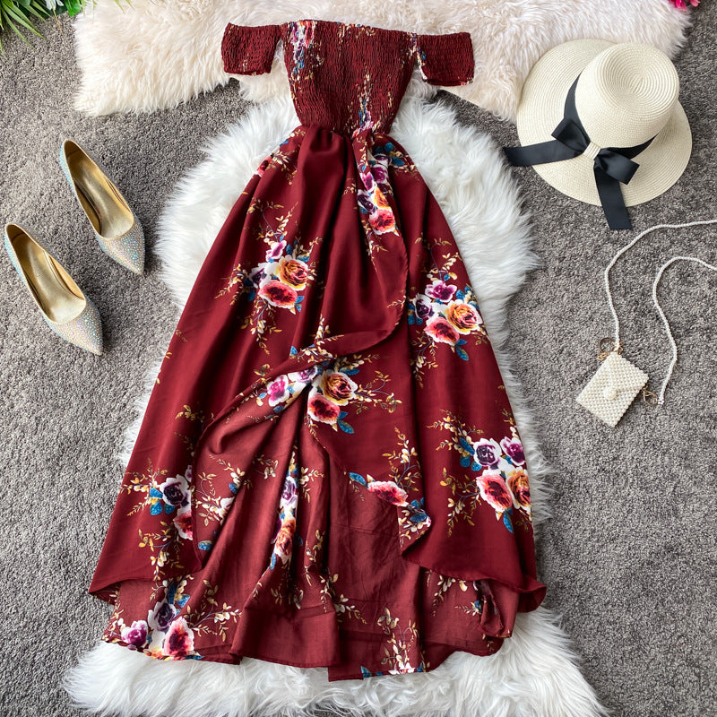 Bohemian Holiday Printed Floral Long Dress With Off The Shoulder Wrap Chest Irregular Split Dress