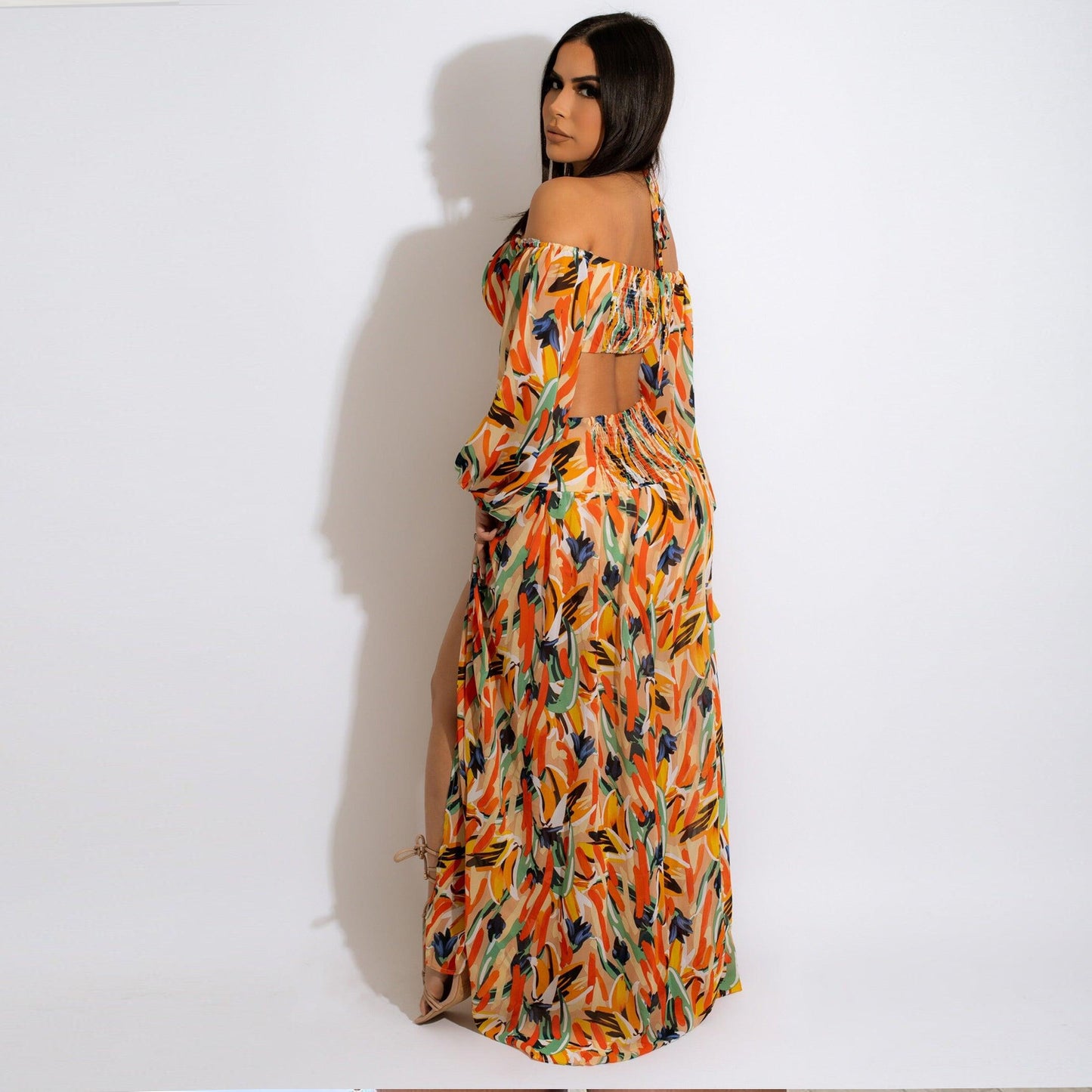 European And American Sexy Chiffon Long Sleeved Off Shoulder Printed Dress Nightclub