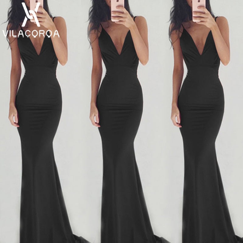 Spaghetti Strip Sleeveless Backless Party Dress Women V-neck Fishtail Maxi Dress