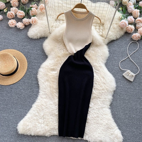 Sleeveless Hollow Knit Bodycon Wrap Dress French Fashion Party Elegant Vestidos Chic Summer Sexy Slim Vintage Women Dress  Ins