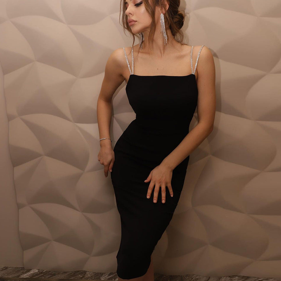 New Sexy Prom Bandage Dress Solid Color High Waist Black Metal Suspenders Open Back Square Neck Dress Evening Dress