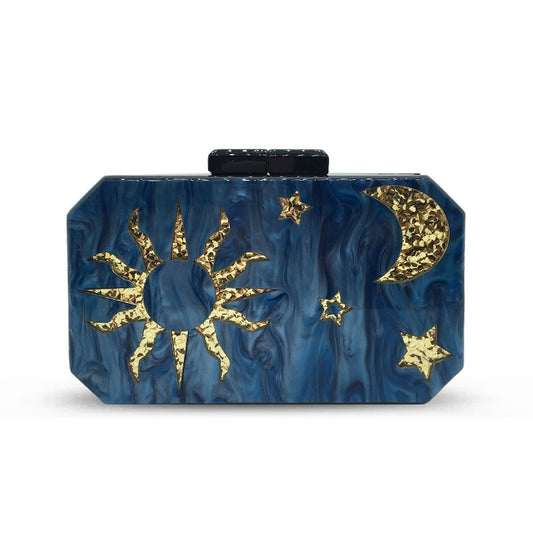 New Product Women's Dark Blue Acrylic Handbag Fashion Star Moon Octagon Dinner Bag Wedding Party Dress Bag