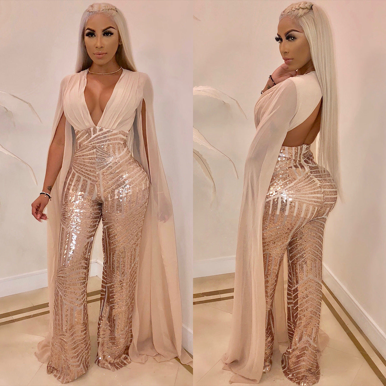 European And American Sexy Sequin Evening Dress Fashion Suit Long Solid Color Jumpsuit