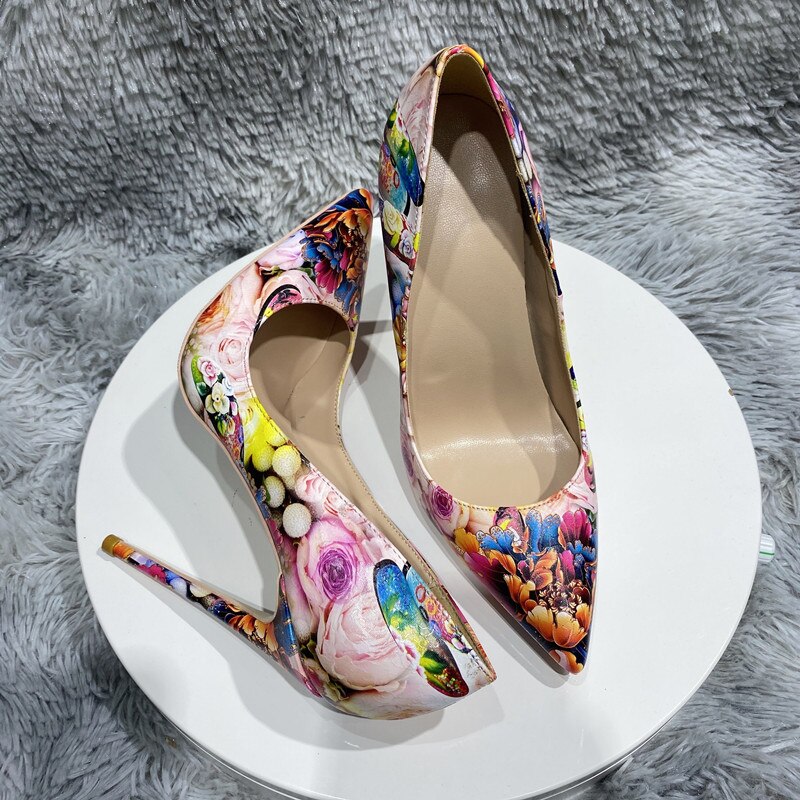 Floral Painting Print Women Pointy Toe High Heel Shoes Elegant Ladies Patent Slip On Stiletto Pumps 8cm 10cm 12cm